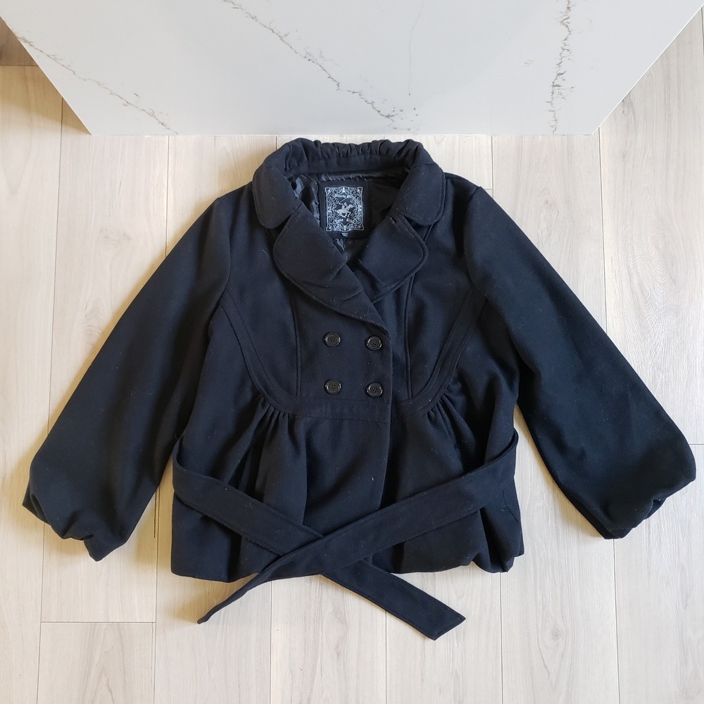 Beverly Hills Polo Club Coat Womens XL Black Wool Peplum Cinched Waist Peacoat